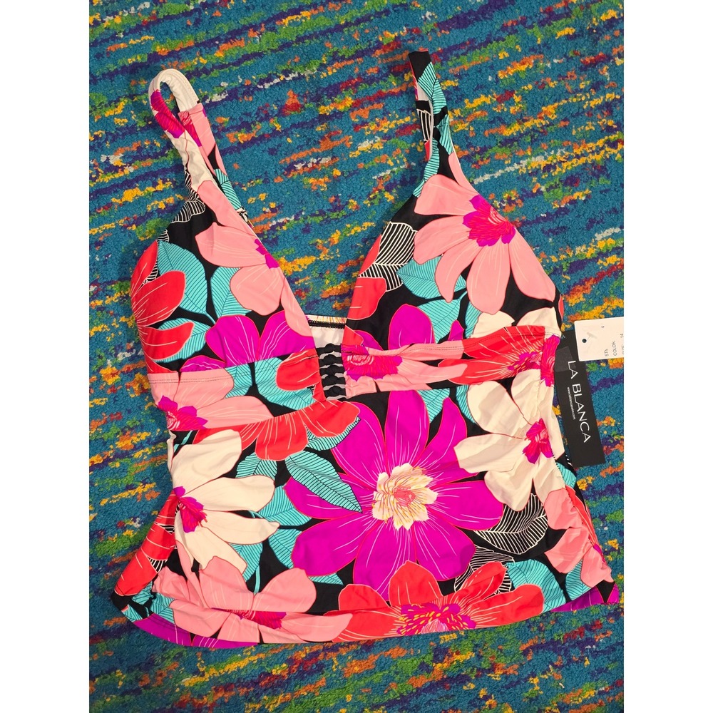 NWT La Blanca Tankini Top Multicolor Floral Tropical V-Neck Women Size 14
